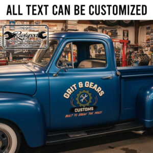 personalized gear head logo lettering decal hammer and wrench logo lettering decal hot rod garage sign sticker 13942