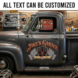 personalized checkered flag lettering decal hot rod decal crossing piston decal speed shop sign sticker 13965