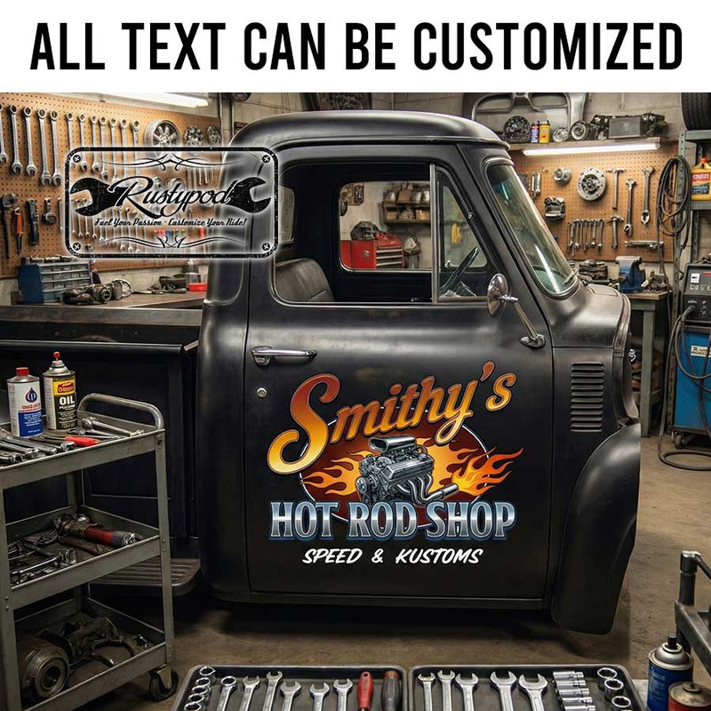 personalized hot rod shop lettering decal engine speed and customs garage sign kustom kulture sticker 13974