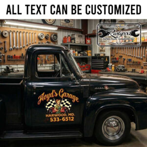 personalized checkered flag lettering decal pin up girl decal hot rod decal fix it garage sticker 13982