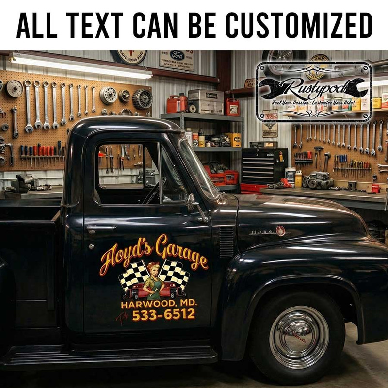 personalized checkered flag lettering decal pin up girl decal hot rod decal fix it garage sticker 13982