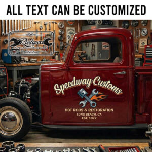 personalized hot rod lettering decal piston and wrench logo lettering decal restoration garage sign sticker 13984
