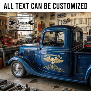 personalized skull and pinstriping art lettering decal hot rod decal speed shop sign lettering garage sign lettering decal sticker 13994