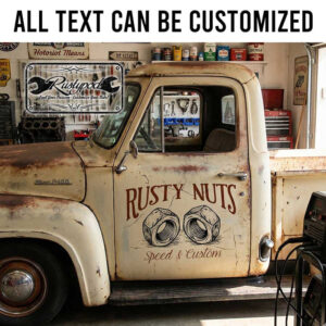 personalized rusty nuts speed and custom sign decal hot rod lettering decal vehicle lettering decal garage sign sticker 13995