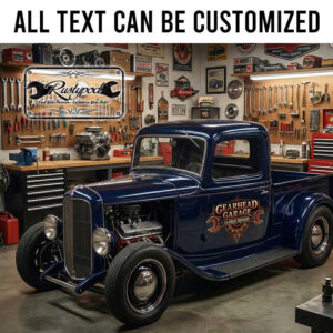 personalized gear head and wrench lettering decal hot rod decal restoration garage lettering decal pinstriping sticker 13996