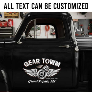 personalized piston and flying decal hot rod lettering decal wing wheel decal piston logo sticker 14076