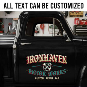 personalized motorwork garage lettering decal piston and wrench logo lettering decal hot rod door sign sticker 14129
