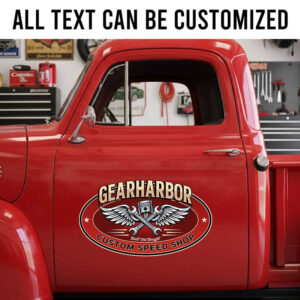 personalized custom speed shop sign decal hot rod decal piston and wrench lettering sticker 14182