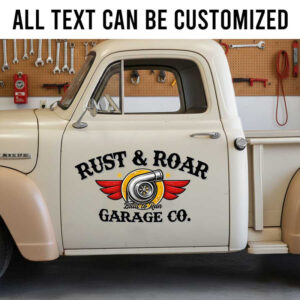 Personalized Rust & Roar Garage Co Turbo Logo Car Door Decal for Classic Truck Owners and Hot Rod Builders sticker 14187