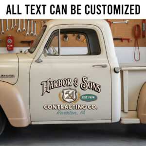 Personalized Vintage Contracting Company Truck Door Lettering Decal with Established Date and City for Construction Businesses sticker 14188