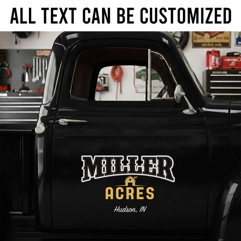 Custom Miller Acres Farm Name Truck Door Decal with Location Text for Agricultural Businesses and Ranch Trucks sticker 14190