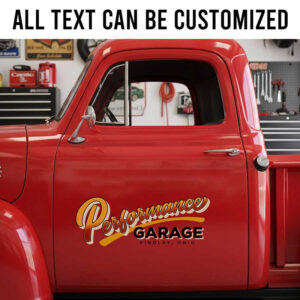Personalized Performance Garage Vintage Script Truck Door Decal with Custom City for Hot Rod Shops and Mechanics sticker 14194