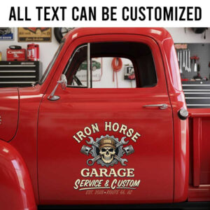 Custom Iron Horse Garage Service & Custom Vintage Truck Door Decal for Mechanics and Hot Rod Builders skull and wrench logo sticker 14196