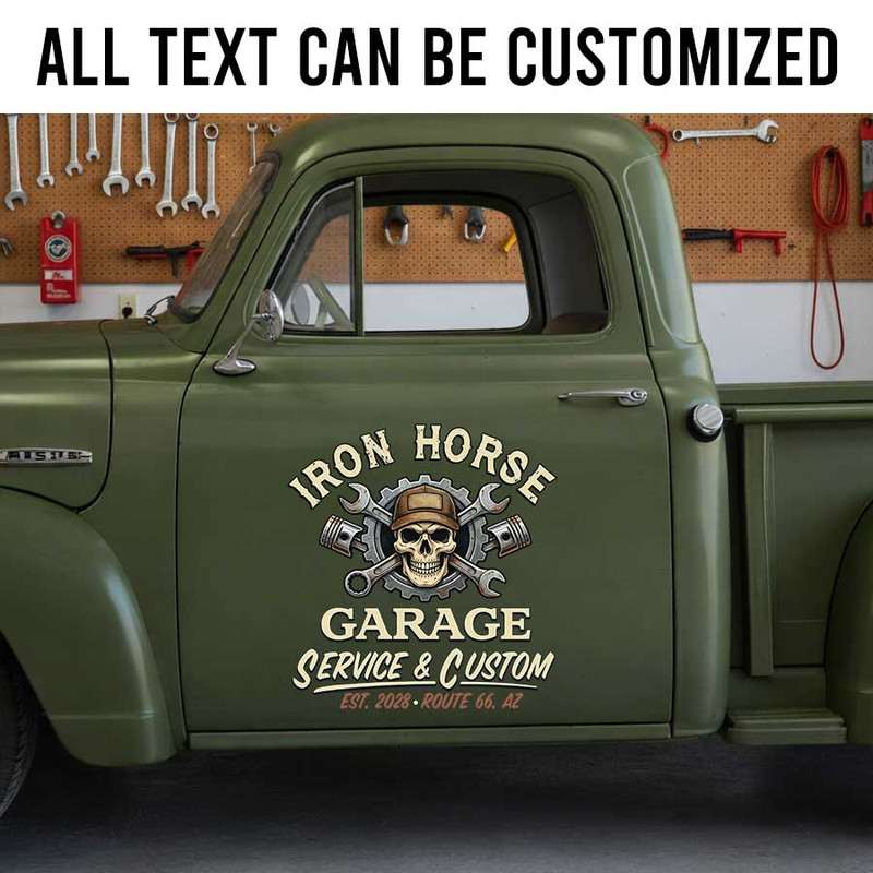 Custom Iron Horse Garage Service & Custom Vintage Truck Door Decal for Mechanics and Hot Rod Builders skull and wrench logo sticker 14196 - Image 2