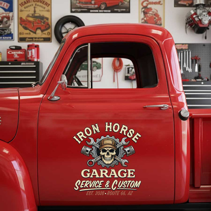 Custom Iron Horse Garage Service & Custom Vintage Truck Door Decal for Mechanics and Hot Rod Builders skull and wrench logo sticker 14196 - Image 3