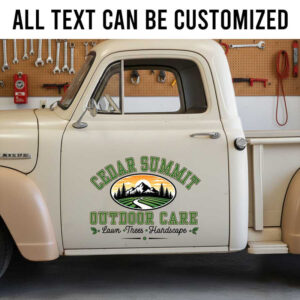Personalized Landscaping Business Vehicle Decal ? Custom Outdoor Care Logo with Mountain and Lawn Design sticker 14203