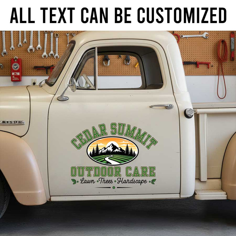 Personalized Landscaping Business Vehicle Decal ? Custom Outdoor Care Logo with Mountain and Lawn Design sticker 14203