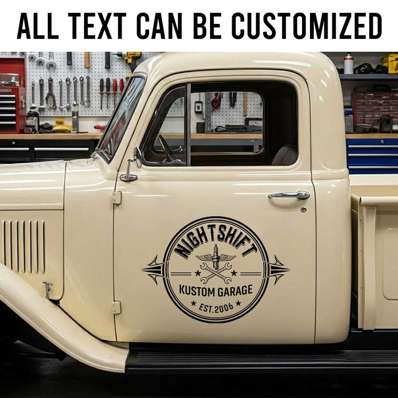 Personalized Custom Garage Car Decal ? Vintage Kustom Garage Logo with Tools and Classic Badge Design sticker 14205