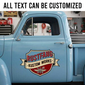 Personalized Kustom Garage Truck Decal ? Vintage Shield Logo with Banner for Custom Auto Shop Branding spark plug and wrench sticker 14207