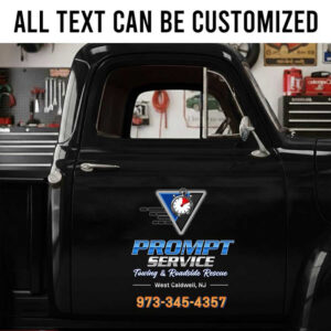 Personalized Towing Service Truck Decal ? Modern Metallic Logo with Tow Hook and Speed Gauge for Roadside Assistance sticker 14211