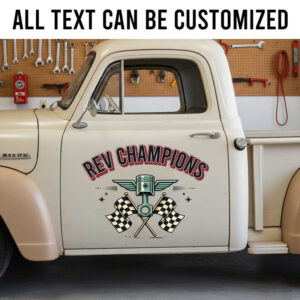 ersonalized Racing Car Decal ? Vintage Rev Champions Logo with Piston and Checkered Flags sticker 14212