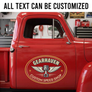 Personalized Speed Shop Car Decal ? Vintage Gearhaven Logo with Winged Piston for Custom Performance Shops sticker 14214