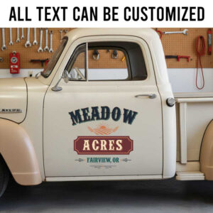 Personalized Farm Vehicle Decal ? Vintage Meadow Acres Logo with Sunrise and Wheat for Agricultural Businesses sticker 14215