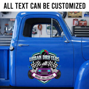 Personalized Tuner Car Collective Door Decal with Checkered Flags and Speedometer Style sticker 14223