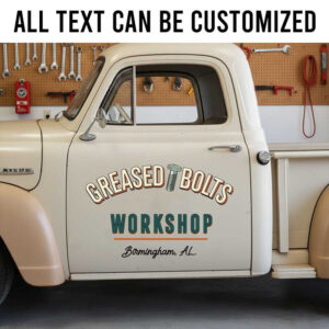 Custom Retro Workshop Name Lettering Decal with Bolt Graphic for Shop Trucks sticker 14229