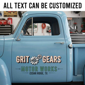 Personalized Retro Motor Works Truck Door Decal with Gear Graphics for Auto Repair Shops sticker 14236