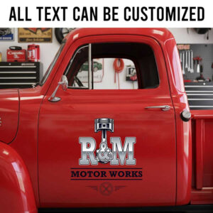 Personalized Motor Works Truck Door Decal with Custom Initials and Piston Graphic sticker 14242