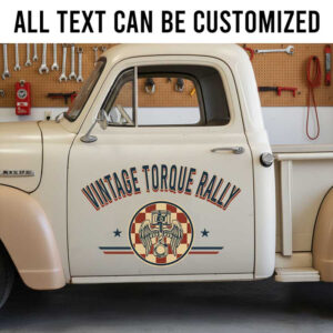 Personalized Vintage Torque Rally Truck Door Decal with Winged Piston Emblem sticker 14244