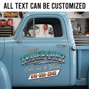 Personalized Body Shop Door Decal with Custom Company Name and Retro Script Style sticker 14253