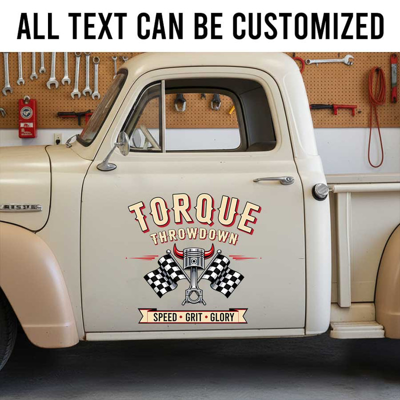 Personalized Torque Throwdown Truck Door Decal with Custom Name and Racing Piston Graphic sticker 14256