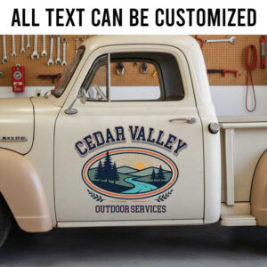 Personalized Outdoor Services Truck Door Decal with Custom Business Name and Scenic Landscape Badge sticker 14257
