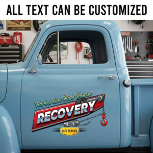Personalized Auto Recovery Truck Door Decal with Custom Business Name and Tow Hook Graphic sticker 14258