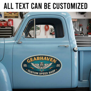 Personalized Custom Speed Shop Truck Door Decal with Winged Piston Racing Badge sticker 14259