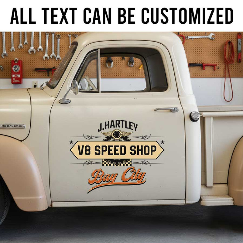 Personalized Speed Shop Door Decal for Hot Rod Builders Mechanics and Shop Trucks sticker 14261 - Image 2