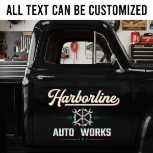 Custom Mechanic Shop Vehicle Lettering with Vintage Auto Works Gear and Wrench Emblem sticker 14265
