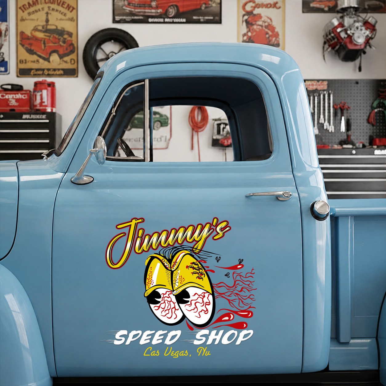personalized hot rod garage | speed shop | kustom kultrure | old school vinyl stickers 09543 - Image 6