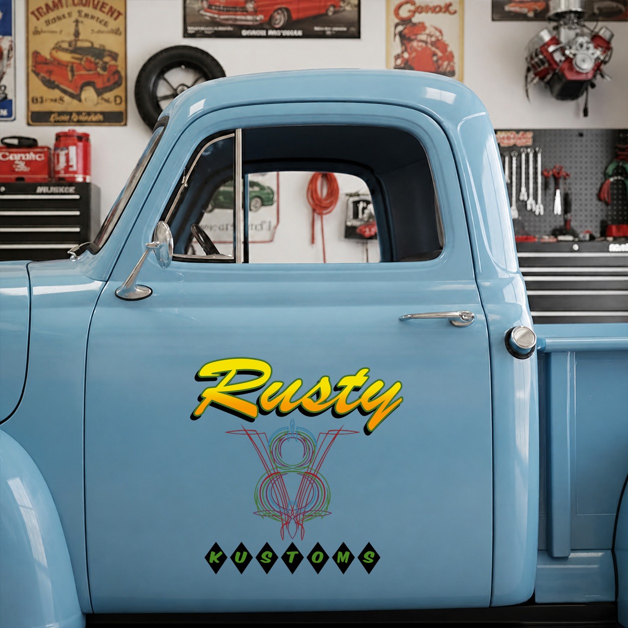personalized pinstripe hot rod garage | kustom | rat rod vinyl sticker 09689 - Image 6