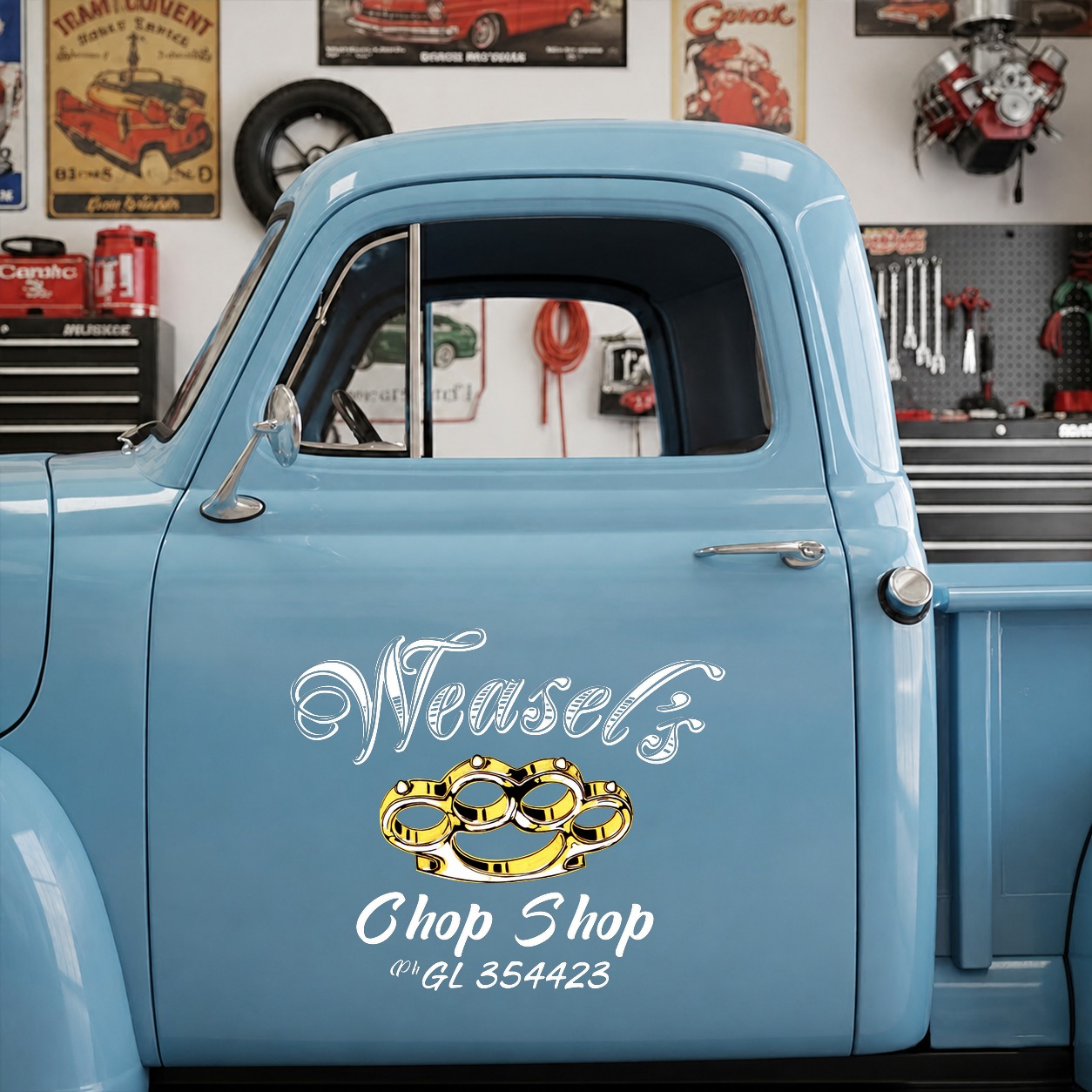 personalized hot rod garage | chop shop | door art set 02 vinyl stickers 09743 - Image 6