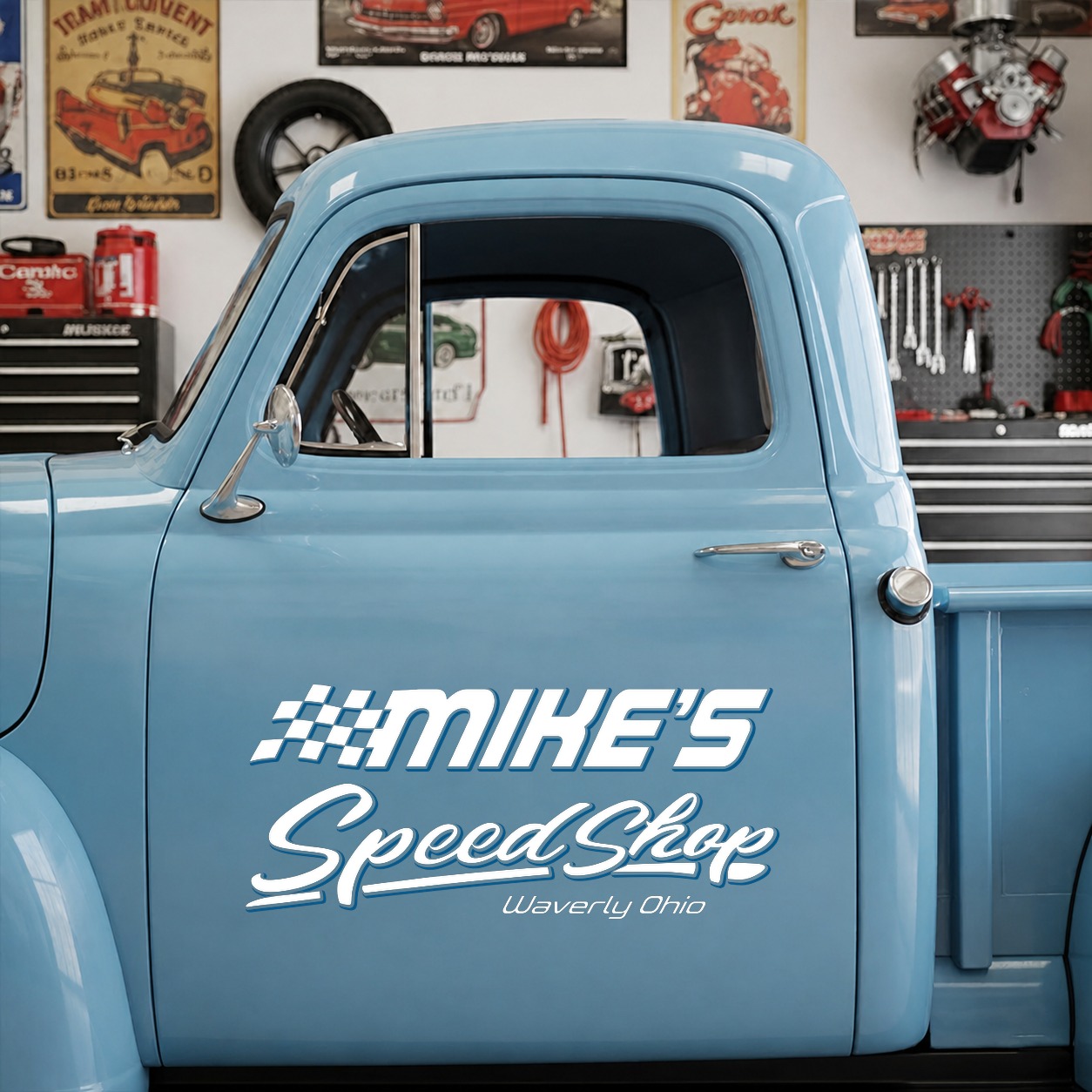 personalized hot rod garage | speed shop | door art lettering vinyl stickers 09748 - Image 6