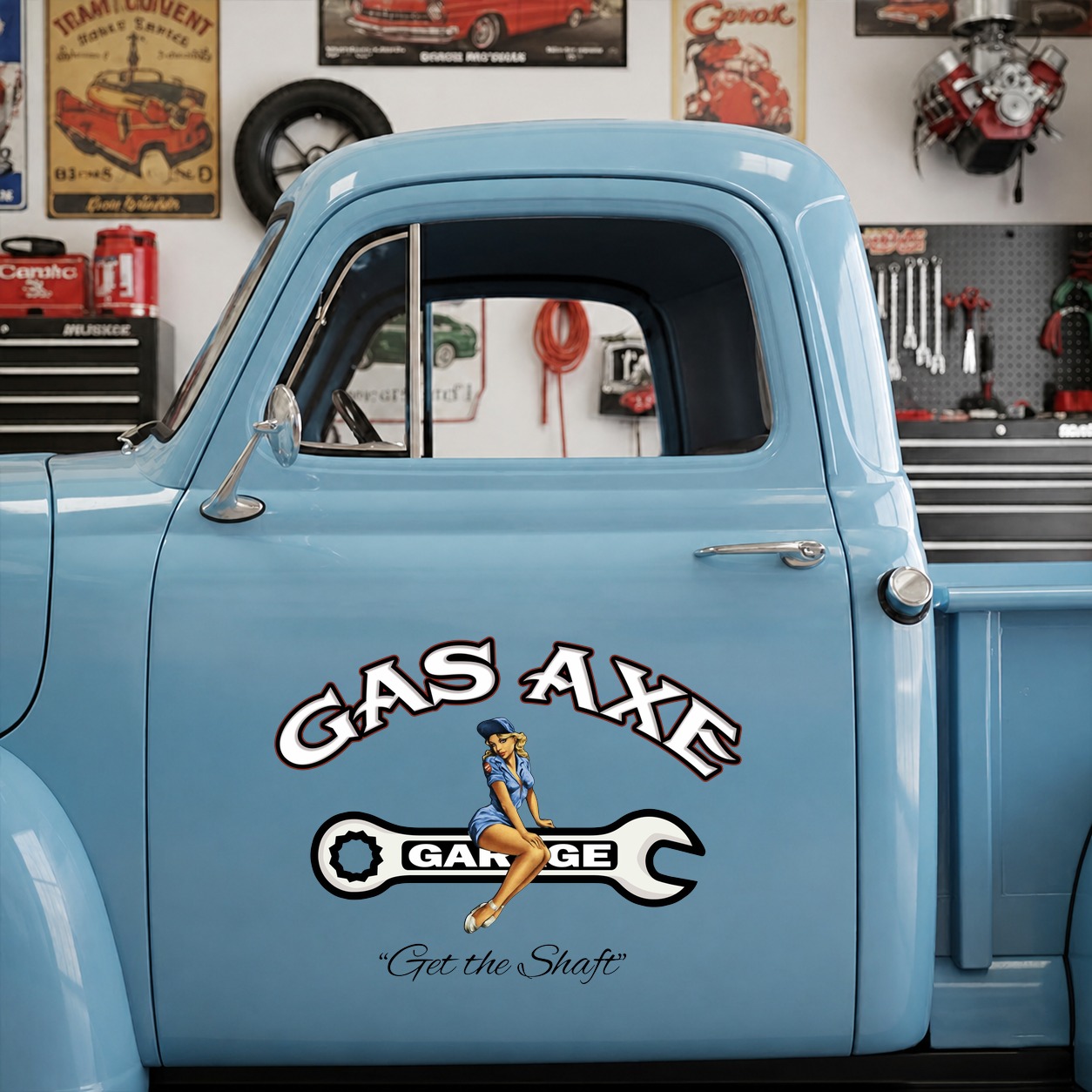 personalized hot rod | pin up garage | get the shaft vinyl stickers 09764 - Image 6