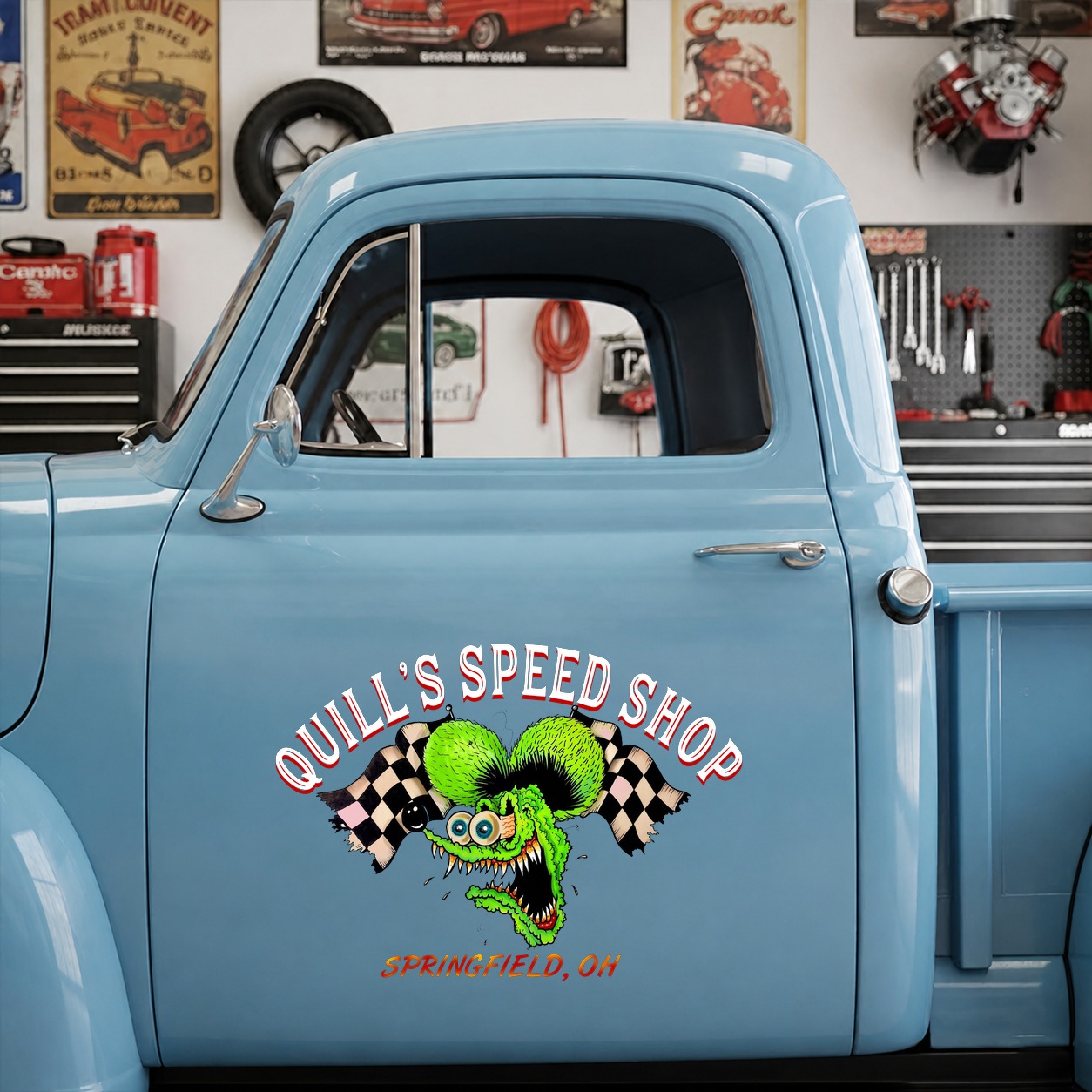 personalized hot rod garage | pinstripe | door art lettering vinyl stickers 09774 - Image 6