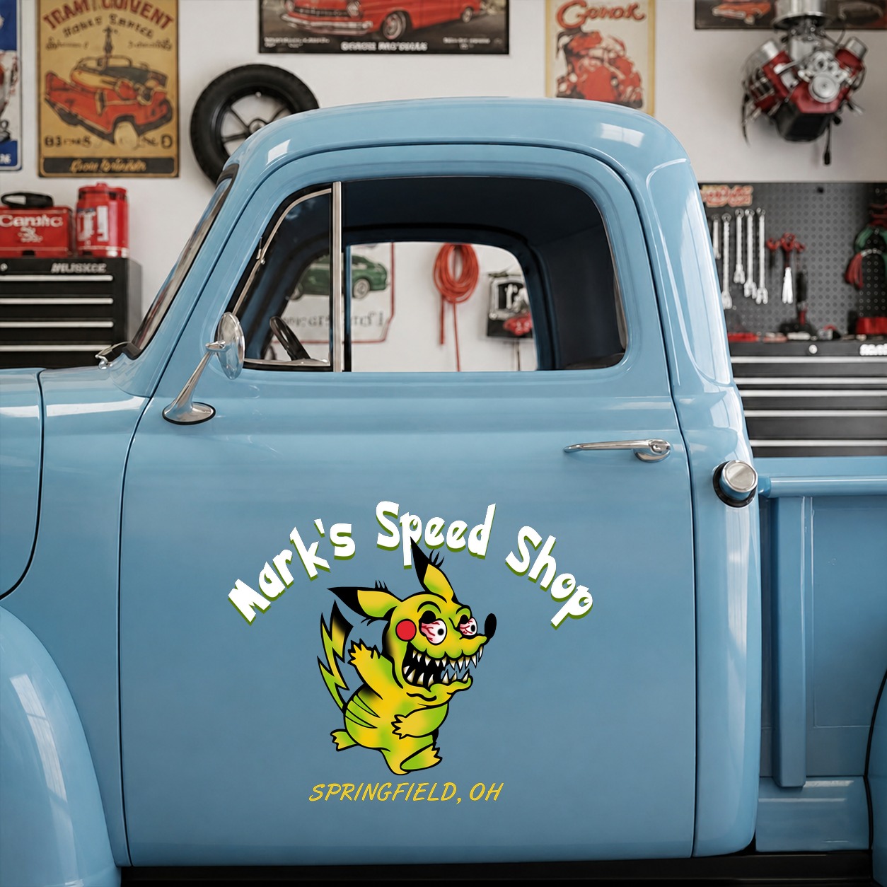 personalized hot rod garage | rat rod garage | pinstripe | kustom kulture vinyl stickers 09799 - Image 6