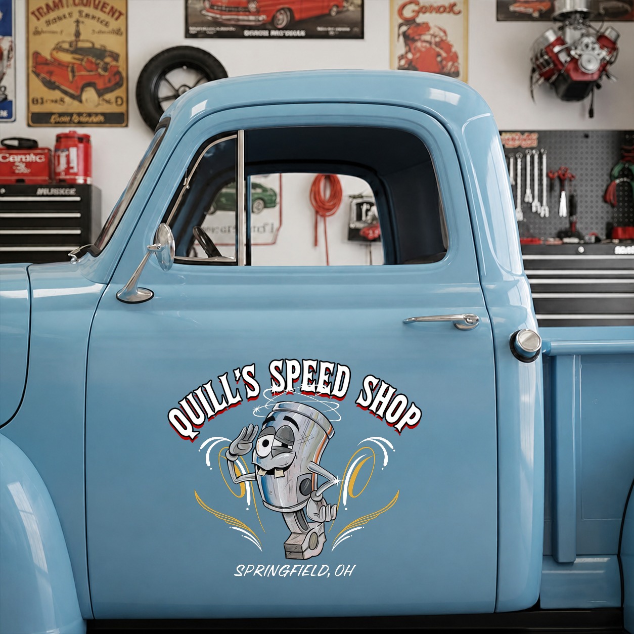 personalized hot rod garage | piston | kustom kulture | pinstripe vinyl stickers 09807 - Image 7