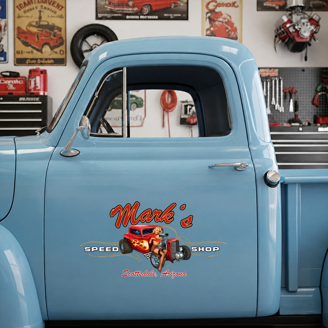 personalized pinup girl spark plug | hot rod garage | pinstriping vinyl stickers 09872 - Image 8