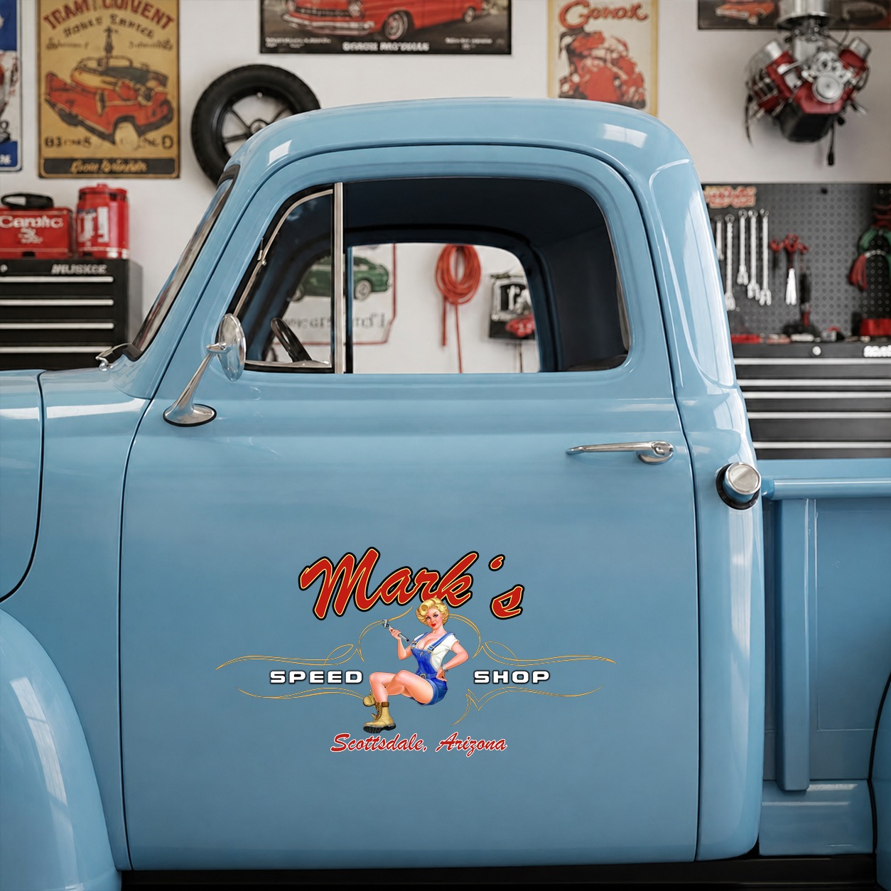 personalized pinup girl spark plug | hot rod garage | pinstriping vinyl stickers 09873 - Image 7