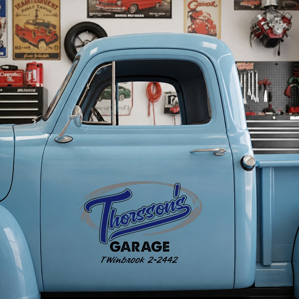 personalized hot rod garage | vintage garage | pinstripe garage vinyl sticker 09878 - Image 9
